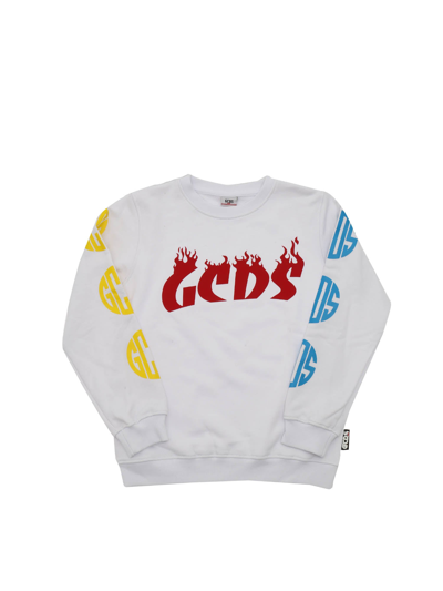 Gcds Kids' Cotton Sweatshirt With Big Flame Logo In White
