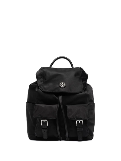 Tory Burch Recycled Nylon Flap Backpack In Black/silver