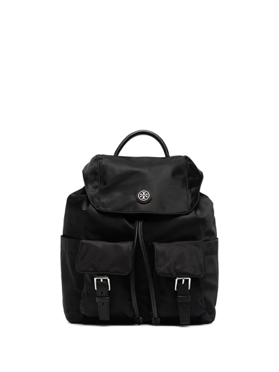 Tory Burch Nylon Flap Backpack In Black/silver