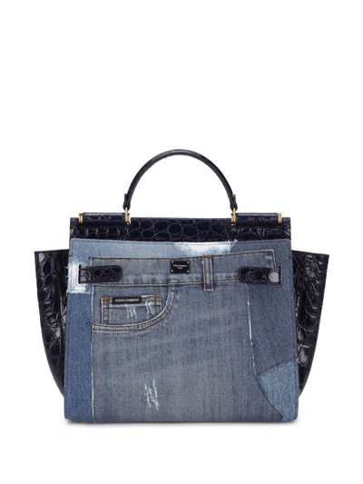 Dolce & Gabbana Large Sicily 62 Soft Bag In Patchwork Denim And Calfskin In Blue