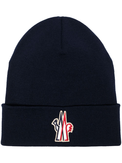 Moncler Logo Patch Knitted Beanie In Navy