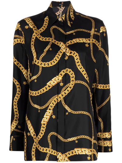 Versace Chain-print Button-down Silk Shirt In Black
