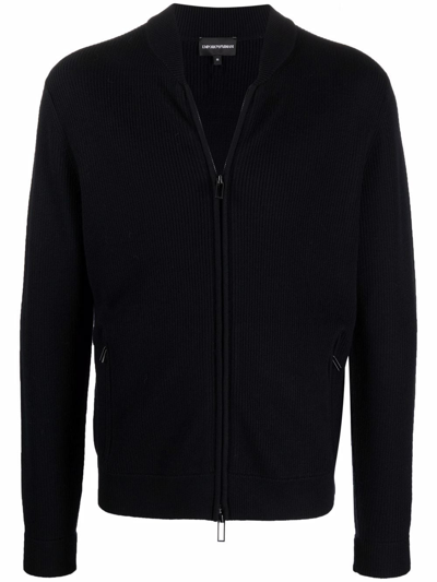 Emporio Armani Zipped Virgin Wool Cardigan In Blue