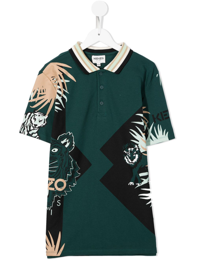 Kenzo Kids' Leaf-print Short-sleeved Polo Shirt In Green