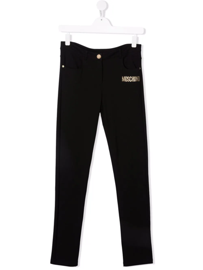 Moschino Kids' Glitter-logo Slim Trousers In Black