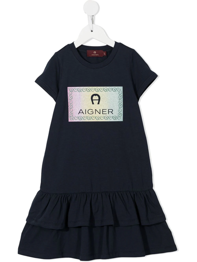 Aigner Kids' Logo-print Cotton Dress In Blue