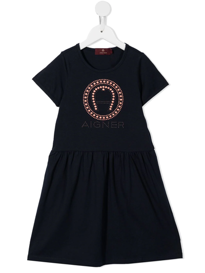 Aigner Kids' Logo-print Cotton Dress In Blue