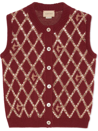 Gucci Kids' Geometric Knit G Wool Gilet In Red