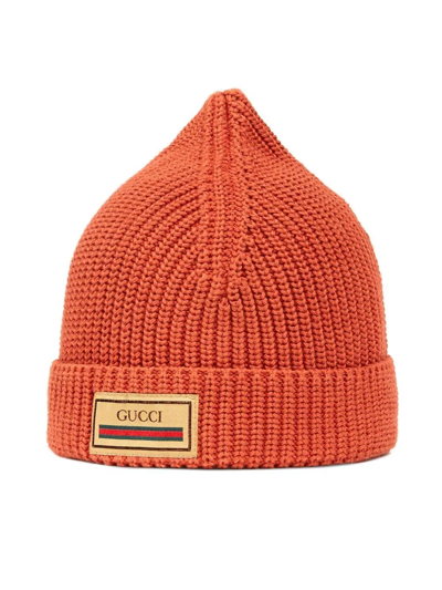 Gucci Kids'  Web Knitted Beanie In Orange