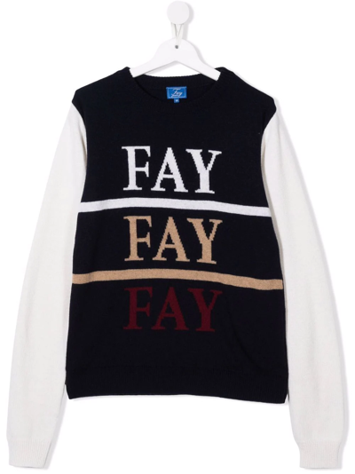 Fay Teen Intarsia-knit Panelled Jumper In Blue