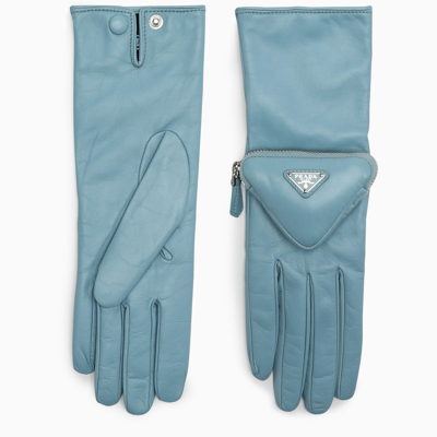 Prada Light Blue Gloves With Applied Pocket