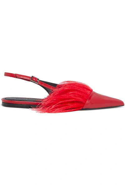 Marques' Almeida Feather-trimmed Leather Point-toe Flats In Brick