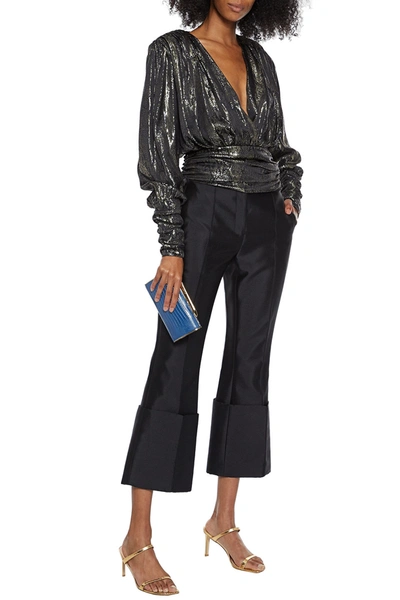 Redemption Ruched Metallic Silk-blend Jacquard Wrap Top In Gold