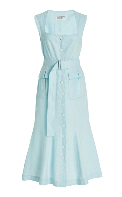 Matthew Bruch Women's Belted Linen Midi Cargo Dress In Blue | ModeSens