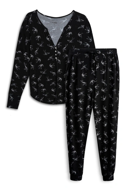 Aqs Women's 2-piece Bird-print Shirt & Pants Pajama Set In Black