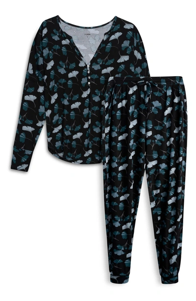 Aqs Ginkgo Print Long Sleeve Henley & Joggers 2-piece Pajama Set In Black