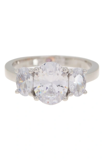 Suzy Levian Sterling Silver Oval Cz 3-stone Engagement Ring In White