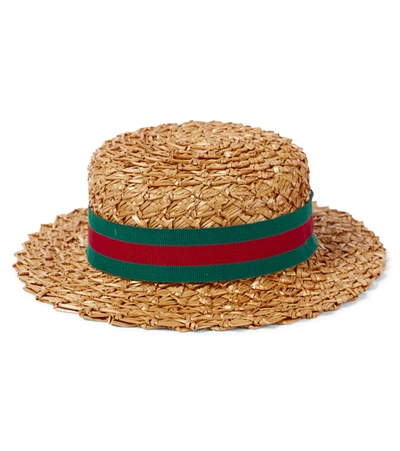 Gucci Kids' Baby Straw Effect Hat With Ribbon In Brown