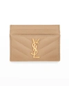Saint Laurent Monogramme Grain De Poudre Leather Card Case, Golden Hardware In Dark Beige