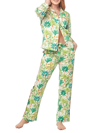 The Lazy Poet Emma Monkey Paradise Cotton Pajamas In Green Multi