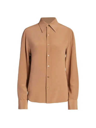 Saint Laurent Button-down Chemise Silk Top In Brown