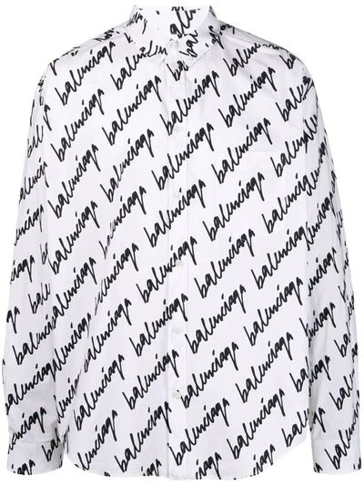 Balenciaga Large-fit Long-sleeve New Scribble Logo Shirt In White