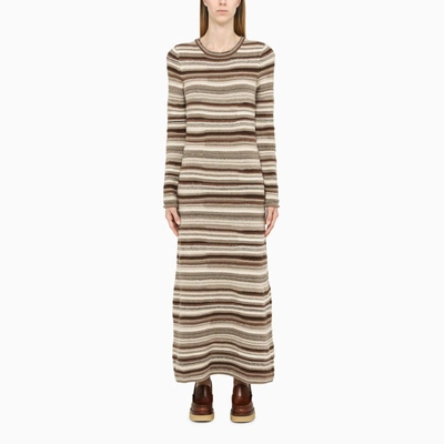 Chloé Irregular Stripe Long Sleeve Recycled Cashmere Blend Jumper Dress In Brown