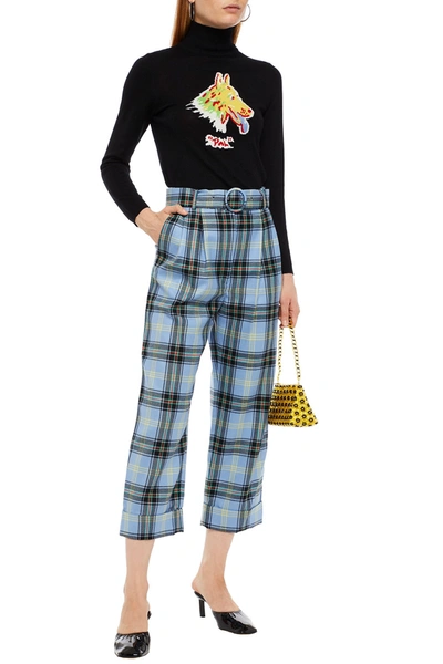 Shrimps Cropped Belted Checked Wool-twill Tapered Trousers In Blue