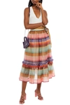 Zimmermann The Lovestruck Ruffled Striped Silk-organza Midi Skirt In Brown