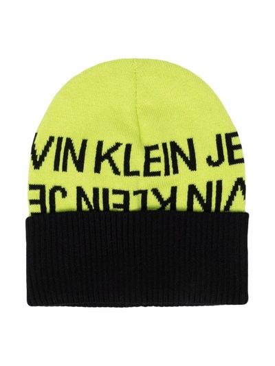 Calvin Klein Kids' Two-tone Intarsia Logo Beanie In Green