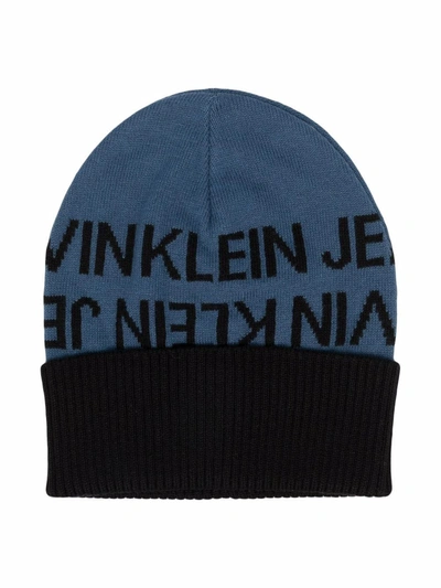 Calvin Klein Kids' Two-tone Intarsia Logo Beanie In Blue