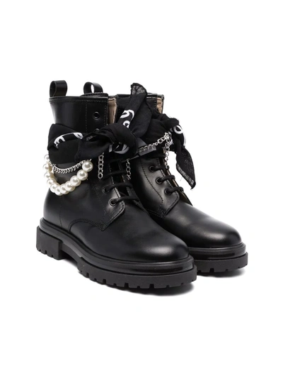 Florens Kids' Tie-fastening Leather Boots In Black