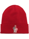 Moncler Embroidered-logo Knitted Beanie In Red