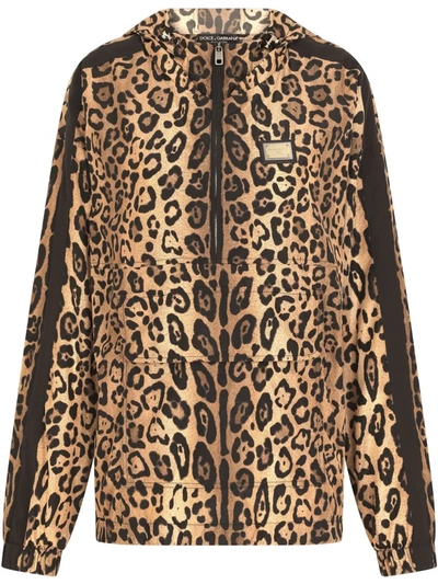 Dolce & Gabbana Leopard-print Zipped Hoodie In Braun