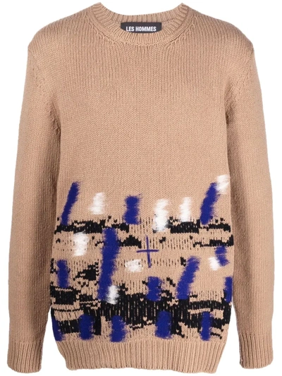 Les Hommes Abstract-pattern Crew-neck Jumper In Beige