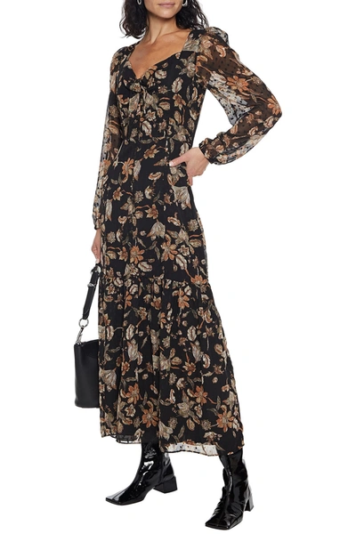 Walter Baker Sophia Tie-neck Floral-print Fil Coupé Chiffon Maxi Dress In Black