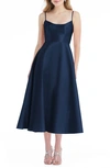 ALFRED SUNG SPAGHETTI STRAP SATIN MIDI COCKTAIL DRESS,D799