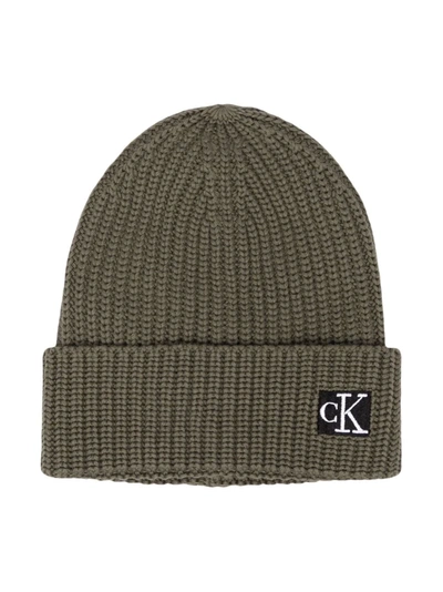 Calvin Klein Kids' Logo-patch Organic Cotton Beanie In Green