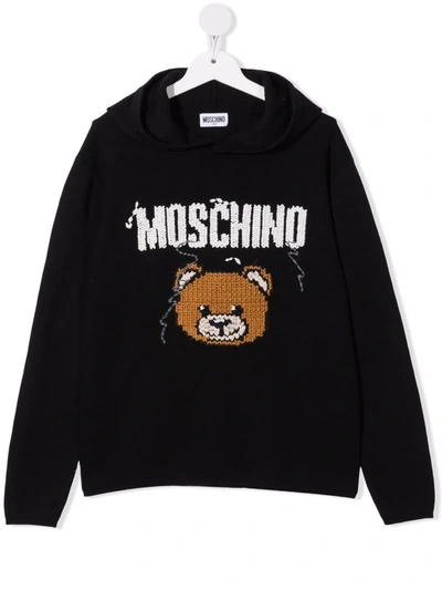 Moschino Kids' Intarsia-knit Long-sleeve Hoodie In Black