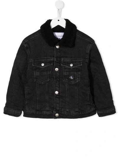 Calvin Klein Kids' Faux-fur Collar Denim Jacket In Grey