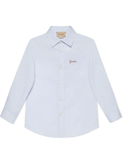 Gucci Kids' Logo-embroidered Cotton Long-sleeve Shirt In Blue