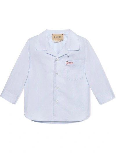 Gucci Babies' Embroidered Logo Long-sleeve Cotton Shirt In Blue