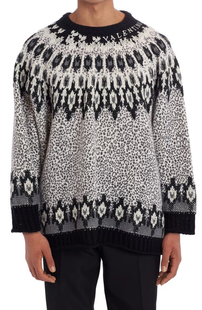 Valentino Crew Neck Wool Sweater  With Animal Print And Embroidery In White