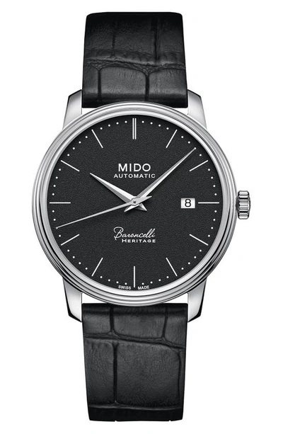 Mido Baroncelli Heritage Automatic Leather Strap Watch, 39mm In Black/ Silver