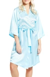 Icollection Long Sleeve Satin Robe In Light-blue