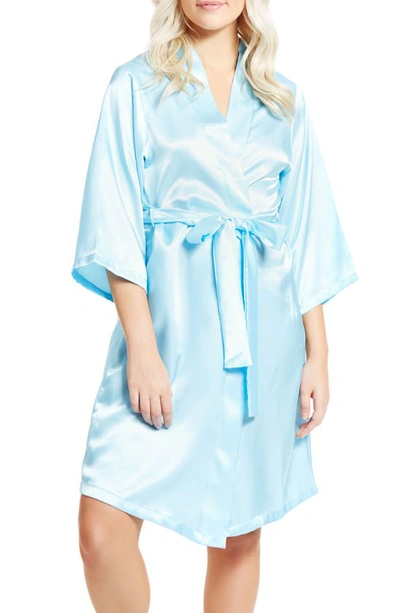 Icollection Long Sleeve Satin Robe In Light-blue