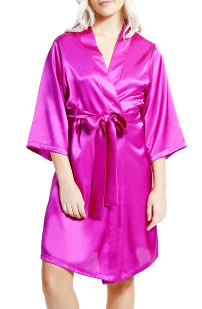 Icollection Long Sleeve Satin Robe In Purple