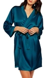 Icollection Long Sleeve Satin Robe In Peacock