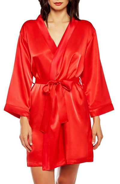 Icollection Long Sleeve Satin Robe In Red