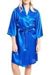 Icollection Long Sleeve Satin Robe In Royal-blue